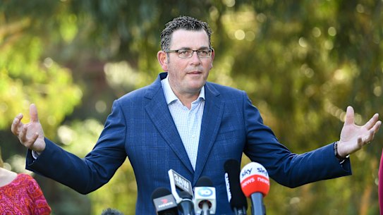 Premier Daniel Andrews addresses the media on Tuesday.