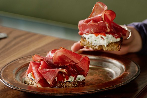 Zareh’s four-decker toast with air-dried wagyu beef, peppers and goat’s cheese.