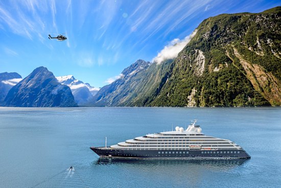 The Scenic Eclipse II at Milford Sound; the ship is 168 metres long and caters for just 228 passengers.