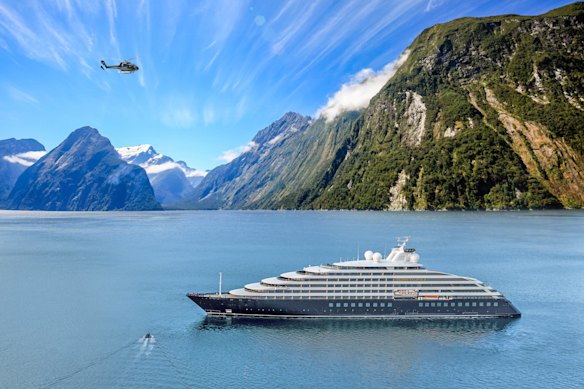 The Scenic Eclipse II, pictured at Milford Sound off New Zealand’s South Island. The price of an 18-day journey from Queenstown to Auckland starts at about $23,600 per person.