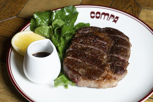 Little Joe 350g scotch fillet, cooked a la plancha, comes with rocket and lemon.