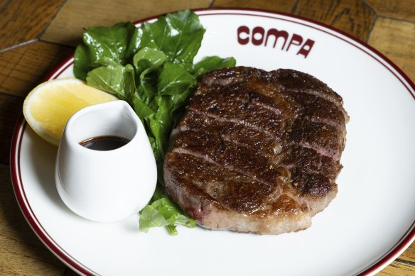 Little Joe 350g scotch fillet, cooked a la plancha, comes with rocket and lemon.