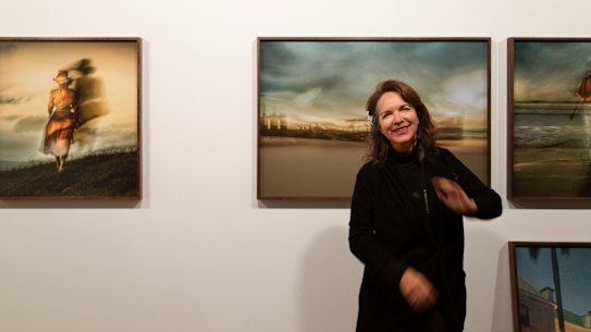 Tracey Moffatt in the storeroom of the Roslyn Oxley9 Gallery for a test hang of Portals.