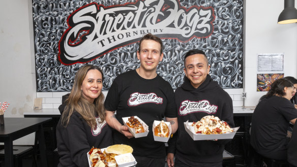 From left: Street Dogz owner Diana Acosta, owner-chef David Posada Mejia and owner Nicolas Gonzalez.