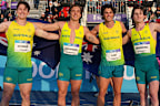 From left: Lachlan Kennedy, Josh Azzopardi, Calab Law and Rohan Browning after winning gold in the men’s 4x100m relay at the Glasgow Commonwealth Games.