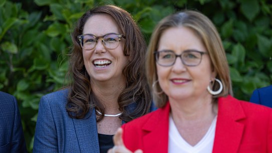 Victorian Premier Jacinta Allan (right) speaks to the media after Jaclyn Symes was sworn in as the state’s new treasurer.