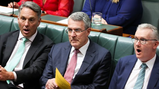 Deputy Prime Minister Richard Marles and Minister for Home Affairs Tony Burke react after the Coalition’s attempt to silence Attorney-General Mark Dreyfus.