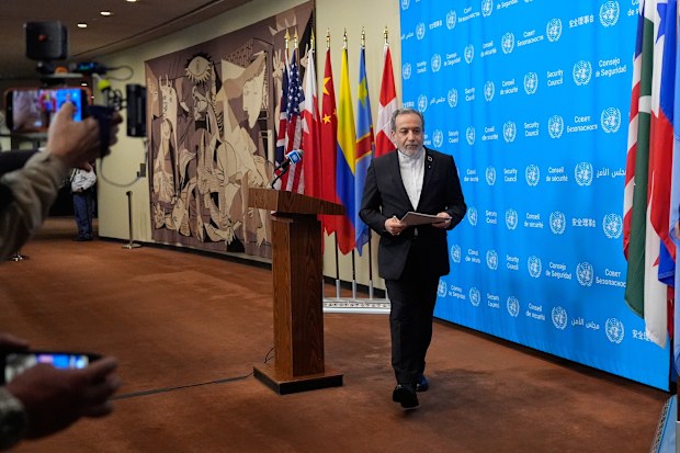 Iran’s Foreign Minister Abbas Araghchi walks from the podium after speaking to the media during the 81st session of the United Nations General Assembly at United Nations headquarters, Friday, Sept. 25, 2026.
