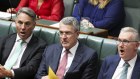 Deputy Prime Minister Richard Marles and Minister for Home Affairs Tony Burke react after the Coalition’s attempt to silence Attorney-General Mark Dreyfus.