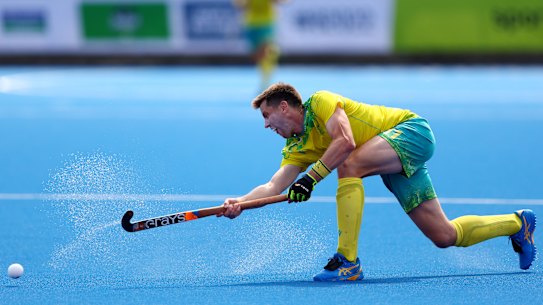 Edward Ockenden shoots during the men’s hockey gold-medal match against India.