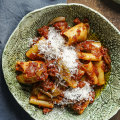 Pasta with slow-roasted shallot, chorizo and garlic sauce.