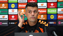 Granit Xhaka of Sunderland talks during a press conference.
