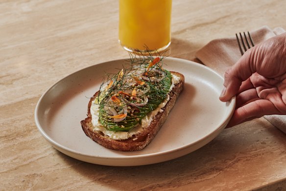Breakfast includes avocado toast with dukkah and whipped feta.