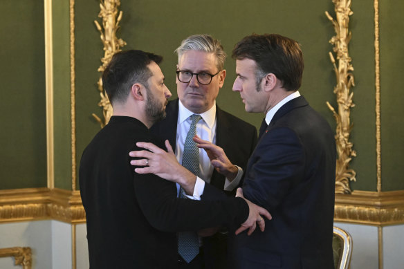 Ukraine’s Volodymyr Zelensky, Britain’s Keir Starmer and France’s Emmanuel Macron in London last Sunday.