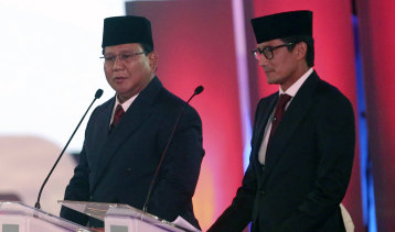 Indonesian presidential candidate Prabowo Subianto and his running mate Sandiaga Uno during the debate.