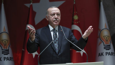 Turkey's President Recep Tayyip Erdogan speaks to his ruling party officials in Ankara.