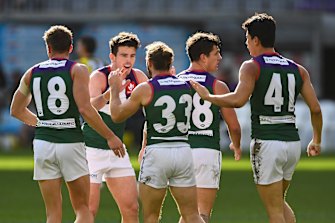 Fremantle celebrates a goal.