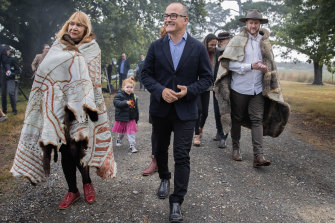 Aunty Geraldine Atkinson, the co-chair of the First Peoples’ Assembly of Victoria, walks with Deputy Premier James Merlino and fellow co-chair Marcus Stewart at the launch of the Yoorrook Justice Commission last year.