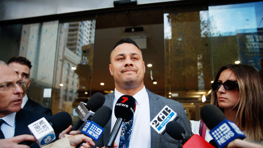 Jarryd Hayne outside the John Maddison Tower on Tuesday.