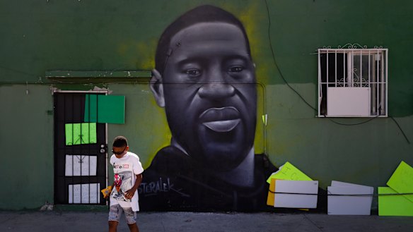 A mural depicting George Floyd in the Watts neighbourhood of Los Angeles.