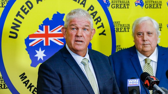 Greg Dowling (left) with Clive Palmer at the announcement of his candidacy in Townsville on Thursday.