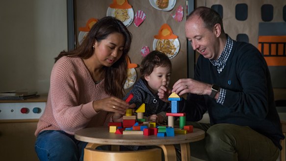 Mardoka Hull and Toby Hull with daughter Coco  at the Rhodes Central Preschool Kindergarten.