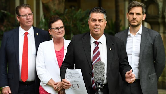(From left) the Queensland Government Health Committee's Barry O'Rourke, Joan Pease, Aaron Harper, and Michael Berkman at a press conference at Parliament House in Brisbane on Thursday.