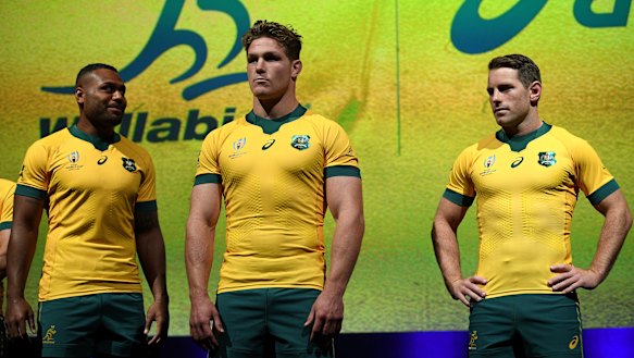 Wallabies Samu Kerevi, Michael Hooper and Bernard Foley at the launch of the official World Cup jersey in Sydney in May. 