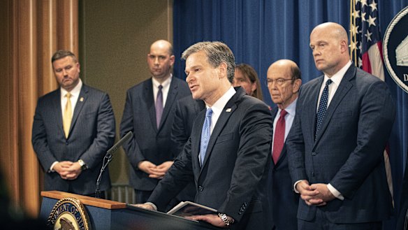 FBI director Christopher Wray speaks at a press conference announcing charges against Huawei.
