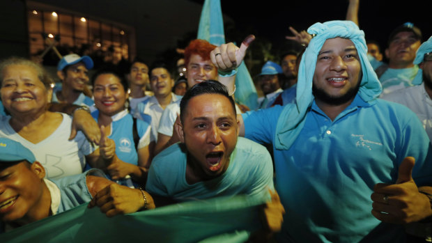 National Alliance for Unity cheer for their presidential candidate Nayib Bukele in San Salvador on Sunday.