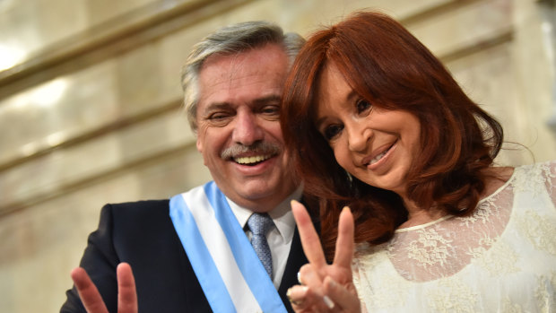 Argentina's new President Alberto Fernandez and Vice-President Cristina Fernandez de Kirchner (not relation) gesture during the presidential inauguration at National Congress on December 10.