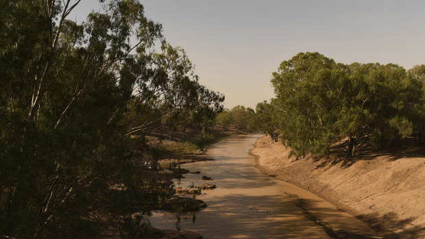 The Darling River near Louth in far western NSW was dry in January last year. Recent heavy falls are sending the first flows down the river after years of drought. 