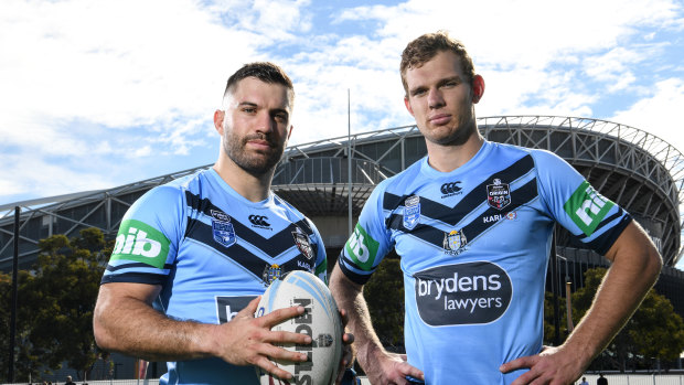 NSW Blues teammates James Tedesco and Tom Trbojevic.