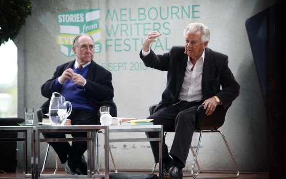 Graham Freudenberg talks politics, history and Winston Churchill with Bob Hawke at the Melbourne Writers Festival in 2010. 