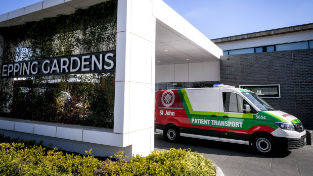 A patient transport vehicle leaves Epping Gardens in July.