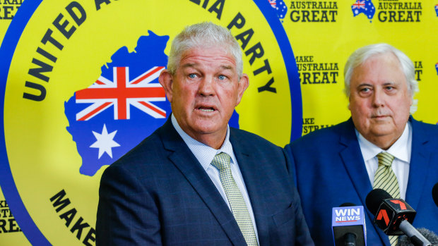 Greg Dowling (left) with Clive Palmer at the announcement of his candidacy in Townsville on Thursday.