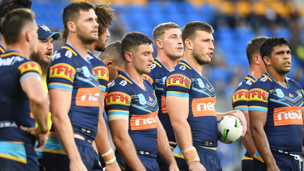 Titans players look on following a Bulldogs try during the round 10 loss at CBUS Super Stadium on the Gold Coast on Saturday, May 18.