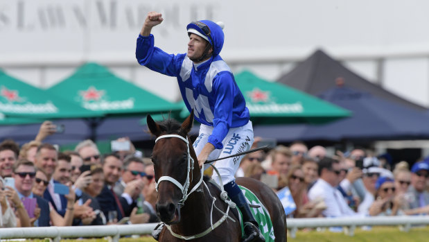 Hugh Bowman returns to scale after riding Winx to victory at the Chipping Norton Stakes at Randwick last month.