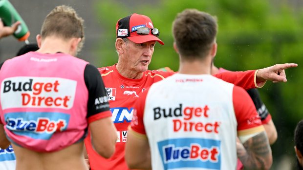 Wayne Bennett puts the Dolphins through their paces during pre-season.