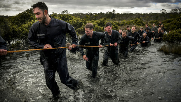 Maxwell leads the Victorian team during training at the HMAS Cerberus.