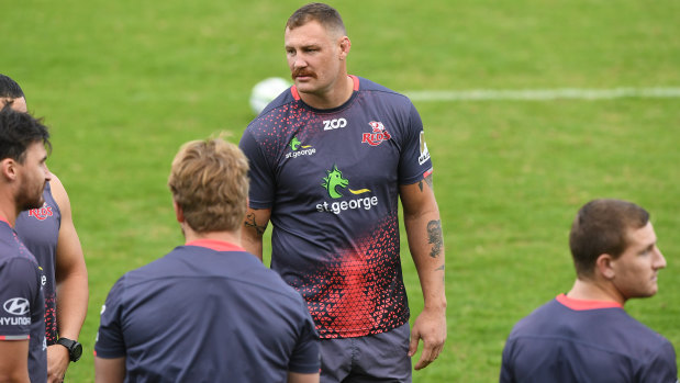 Queensland Reds captain Scott Higginbotham with players at training earlier this week.
