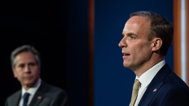 British Foreign Secretary, Dominic Raab, right and US Secretary of State, Antony Blinken, left, hold a joint press conference at Downing Street in London, England. 