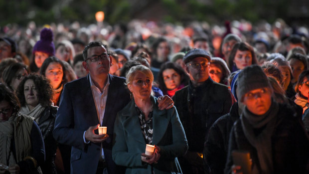 Premier Daniel Andrew and his wife Catherine attend the vigil for Eurydice Dixon.