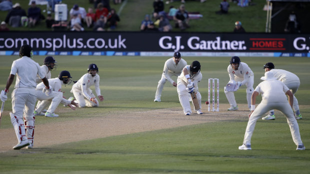 New Zealand's Neil Wagner is surrounded by England fielders late on the final day.
