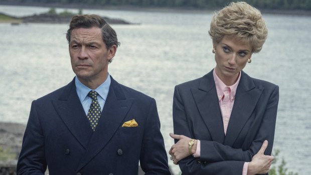 Dominic West as Prince Charles with  Elizabeth Debicki as Princess Diana in The Crown.