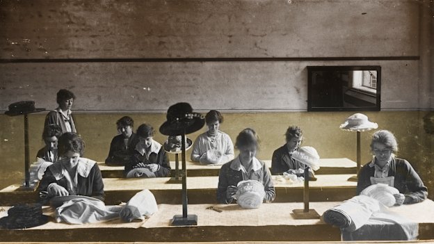 A millinery class for wives of men killed in action, 1919.