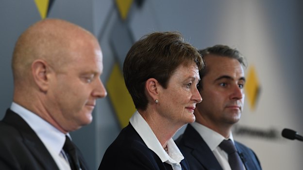 Then-CBA CEO Ian Narev, chairman Catherine Livingstone and Matt Comyn in April, 2018. 
