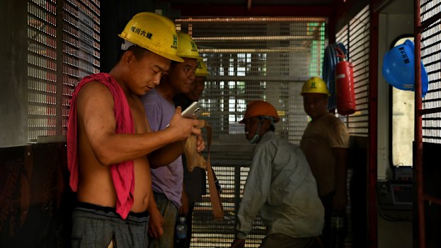 Chinese workers on the Blue Bay casino and apartment project in Sihanoukville. 