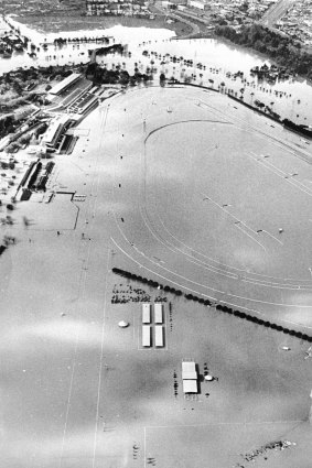 Flemington Racecourse submerged by floodwaters in 1974.