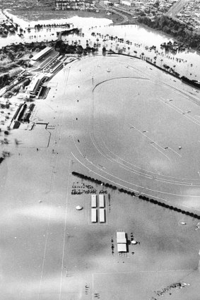 Flemington Racecourse submerged by the floodwaters.